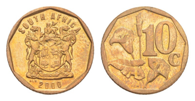 ЮАР 10 центов 2000 герб, цветок алоэ KM 161 сталь плакированная бронзой UNC 4621-962