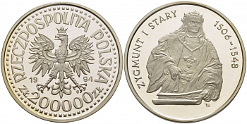 Польша 200000 злотых 1994 серия Польские короли, Сигизмунд I Старый (1506-1548) тираж 15000 экземпляров KM 273 серебро PROOF 00-821-09