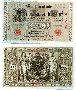 Германия 1000 марок 1910 21 апреля 1910, буква T, номер семизначный, серия N, выпуск (09.1922) Pick 44b, Розенберг 45с бумага 8618-21-1-1