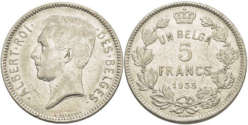 БЕЛЬГИЯ 5 ФРАНКОВ 1933 АЛЬБЕРТ I, DES BELGES KM 97.1 никель 3851-234