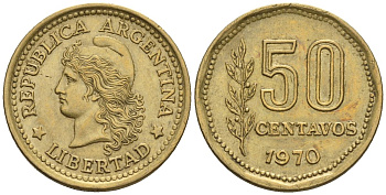Аргентина 50 сентаво 1970 голова свободы влево KM 68, CJ 329, Schon 68 алюминиевая бронза    60-1041