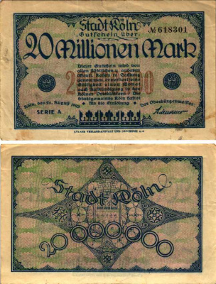 КЁЛЬН 20000000 МАРОК 1923 НОТГЕЛЬД, 24 АВГУСТА 1923, СЕРИЯ А, ЗЕМЛЯ СЕВЕРНЫЙ РЕЙН-ВЕСТФАЛИЯ Keller 2684s бумага 6318-36-1-2