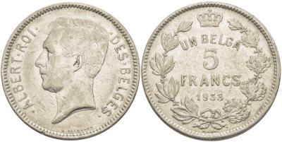 БЕЛЬГИЯ 5 ФРАНКОВ 1933 АЛЬБЕРТ I, DES BELGES KM 97.1 никель 3851-234