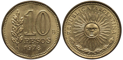 Аргентина 10 песо 1977 Ba, майское солнце KM 72 алюминиевая бронза 4525-953
