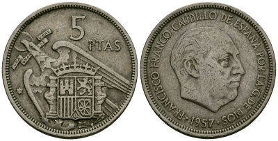 Испания 5 песет 1957 (70) KM 786 медно-никель 4138-1044