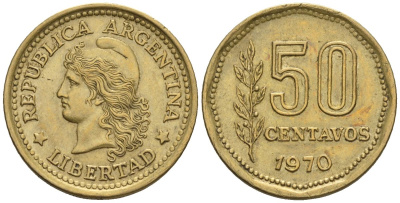 Аргентина 50 сентаво 1970 голова свободы влево KM 68, CJ 329, Schon 68 алюминиевая бронза    60-1041