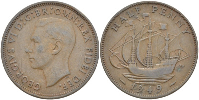 Великобритания 1/2 пенни 1949 Георг VI (1936-1952) KM 868, Spink 4118 бронза 83-1837