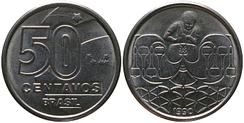 Бразилия 50 сентаво 1990 KM 614, Schon 123 нержавеющая сталь 4576-148