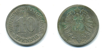 ГЕРМАНИЯ 10 ПФЕННИГОВ 1875 A, СТАРОГЕРБОВКА KM 4, J.4 медно-никель 54-449