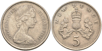 Великобритания 5 пенсов 1971 Елизавета II (1952-2022) KM 911, Spink 4233 (D1) медно-никель 4586-927