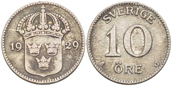 Швеция 10 эре 1929 G, Густав V (1907-1950) KM 780 серебро 116-1153