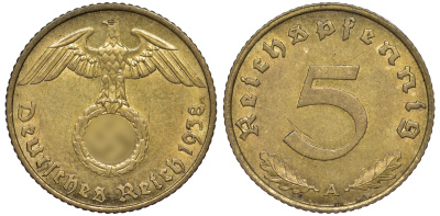 Германия 5 рейхспфеннигов 1938 A KM 91, J. 363 алюминиевая бронза 4602-1253