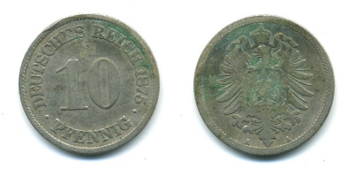 ГЕРМАНИЯ 10 ПФЕННИГОВ 1875 A, СТАРОГЕРБОВКА KM 4, J.4 медно-никель 54-449