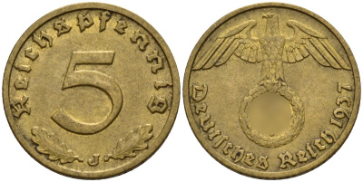 Германия 5 рейхспфеннигов 1937 J KM 91, J. 363 алюминиевая бронза 4151-758