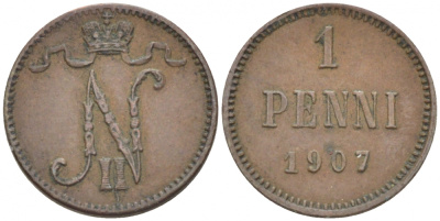 РОССИЯ ДЛЯ ФИНЛЯНДИИ 1 ПЕННИ 1907 НИКОЛАЙ II KM 13, Биткин 468 медь 4396-1332