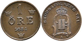 Швеция 1 эре 1884 Оскар II (1872-1907) король Швеции и Норвегии KM 750 бронза 4609-412