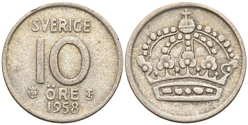 Швеция 10 эре 1958 Густав VI Адольф (1950-1973) KM 823 серебро 4147-919