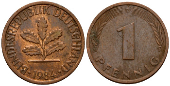 ФРГ 1 пфенниг 1984 D KM 105, J.380 сталь плакированная медью 4602-763