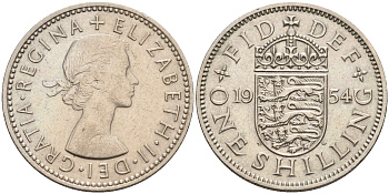 Великобритания 1 шиллинг 1954 Елизавета II (1952-2022), Английский герб KM 904, Spink 4147 медно-никель 4591-655