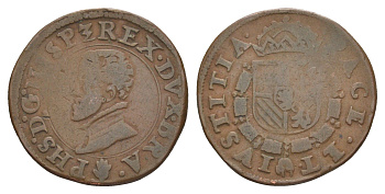 Испанские Нидерланды, Брабант 1 лиард ND (1578-1580) Филипп II (1556-1598) Gelder Hoc 252-1, Vanhoudt 381-AN медь 1522-1142