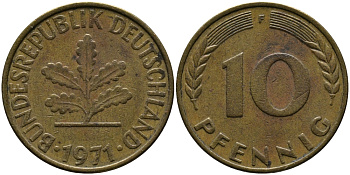 ФРГ 10 ПФЕННИГОВ 1971 F KM 108, J.383 сталь плакированная латунью 33-124