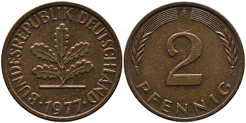 ФРГ 2 пфеннига 1977 F KM 106a, J.381a сталь плакированная медью 33-237