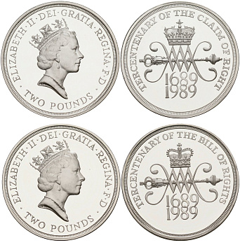 Великобритания набор из 2 монет по 2 фунта 1989 Елизавета II (1952-2022), 300 лет "Биллю о правах" Англии и Шотландии, сертификат, коробка Spink US09 серебро PROOF 4-5-4-10