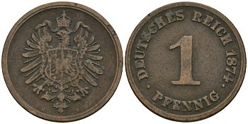 Германия 1 пфенниг 1874 H, Вильгельм I (1871-1888) KM 1, J. 1 медь 1524-342