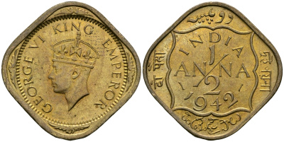 Британская Индия 1/2 анна 1942 Георг VI (1936-1952) KM 534b никель-латунь UNC 94-837