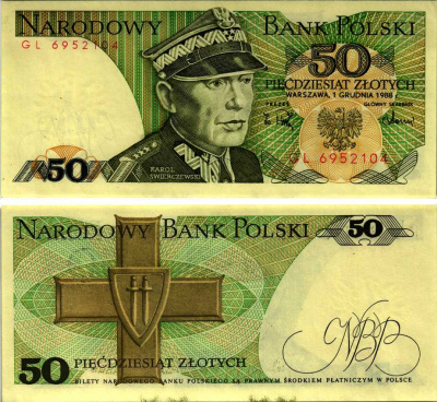 Польша 50 злотых 1988 Кароль Сверчевский, знак Грюнвальдского ордена Pick 142 c бумага аUNC 8607-70-3-1