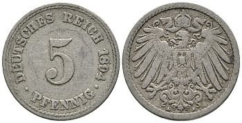 ГЕРМАНИЯ 5 ПФЕННИГОВ 1894 A KM 11, J. 12 медно-никель 39-712