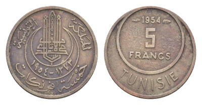 Тунис 5 франков 1954 KM 277 медно-никель 4596-824