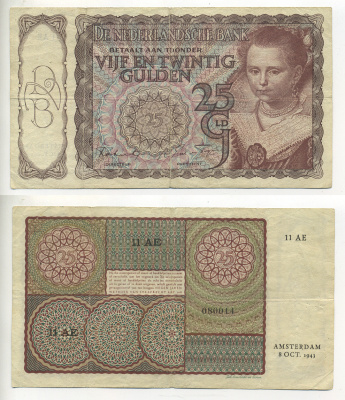 НИДЕРЛАНДЫ 25 ГУЛЬДЕНОВ 1943 15987 Pick 60 бумага 7553-29-2