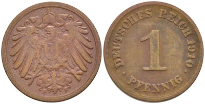 ГЕРМАНИЯ 1 ПФЕННИГ 1910 F KM 10, J. 10, Weege 2 медь 211-429
