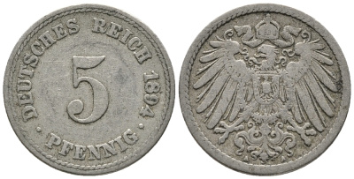 ГЕРМАНИЯ 5 ПФЕННИГОВ 1894 A KM 11, J. 12 медно-никель 39-712