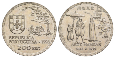 Португалия 200 эскудо 1993 450 лет искусству намбан KM 668 медно-никель UNC 1101-4-32
