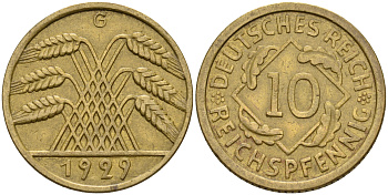 Германия 10 рейхспфеннигов 1929 G KM 40 J. 317 алюминиевая бронза    4153-256