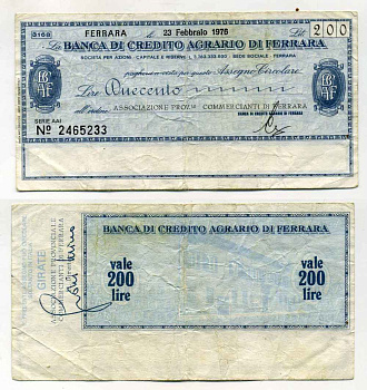 Италия чек на 200 лир 1976 Banca Di credito agrario Di ferrara, ассоциация торговцев ferrara, 23 февраля 1976 бумага 8588-10-4-1
