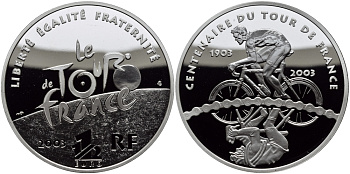 Франция 1 1/2 евро 2003 100 лет велогонкам Тур де Франс, велосипедист и его отражение KM 1321 серебро PROOF 1095-3-43