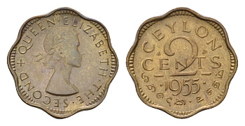 Цейлон 2 цента 1955 Елизавета II (1952-2022) KM 124 никель латунь UNC 4528-656