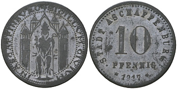 Ашаффенбург (Бавария) 10 пфенингов 1917 Funck 23.2A, Men05 792.4, Men18 1074.4 цинк 4525-1055