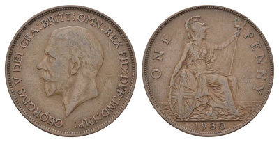 Великобритания 1 пенни 1930 Георг V (1910-1936) KM 838, Spink 4055 бронза 4536-232
