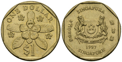 Сингапур 1 доллар 1997 барвинок KM 103 алюминиевая бронза 4138-1116