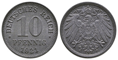 ГЕРМАНИЯ 10 ПФЕННИГОВ 1921 KM 26, J. 299 цинк 4380-231