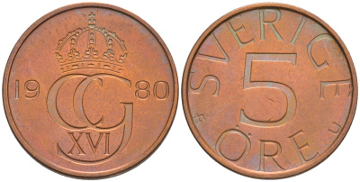 Швеция 5 эре 1980 Карл XVI Густав (1973- ) KM 849 бронза 187-816