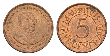 Маврикий 5 центов 2010 KM 52 сталь плакированная медью UNC 4627-745