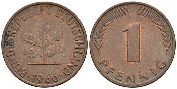 ФРГ 1 пфенниг 1966 J KM 105, J. 380 сталь плакированная медью    4115-118