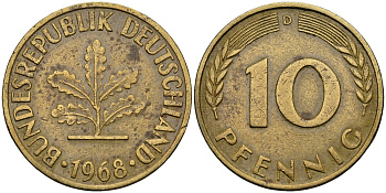 ФРГ 10 ПФЕННИГОВ 1968 D KM 108, J. 383 сталь плакированная латунью 540-735