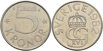 Швеция 5 крон 1982 U, Карл XVI Густав (1973- ) KM 853 медно-никель 4517-522