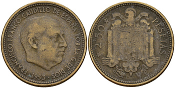 Испания 2,5 песета 1953 (54) Франсиско Франко (1939 - 1975) KM 785 алюминиевая бронза 4187-1132